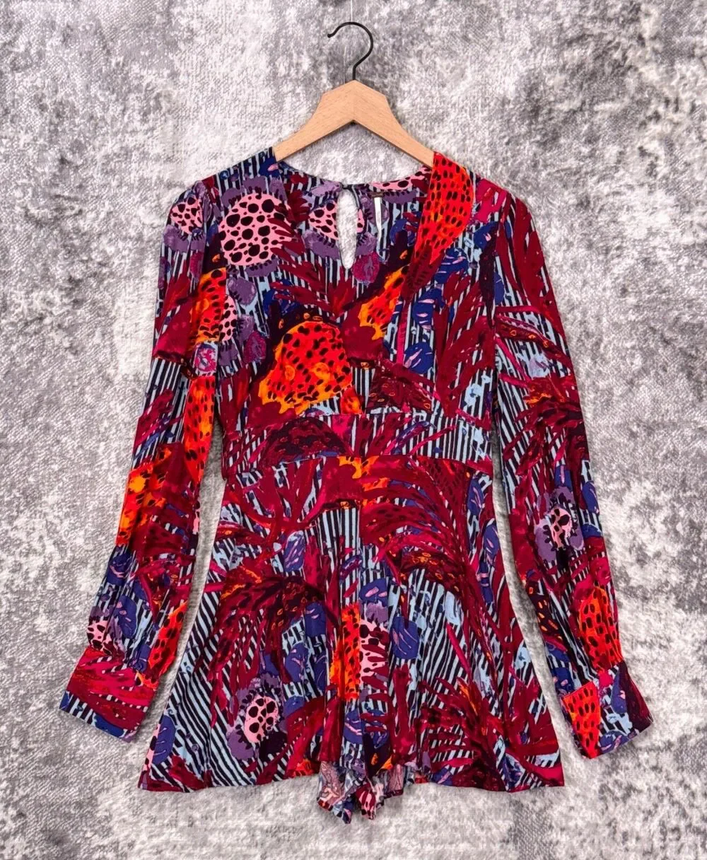 Free People Romper 2 Womens Audrey Floral Long Sleeve Deep V Keyhole Back
